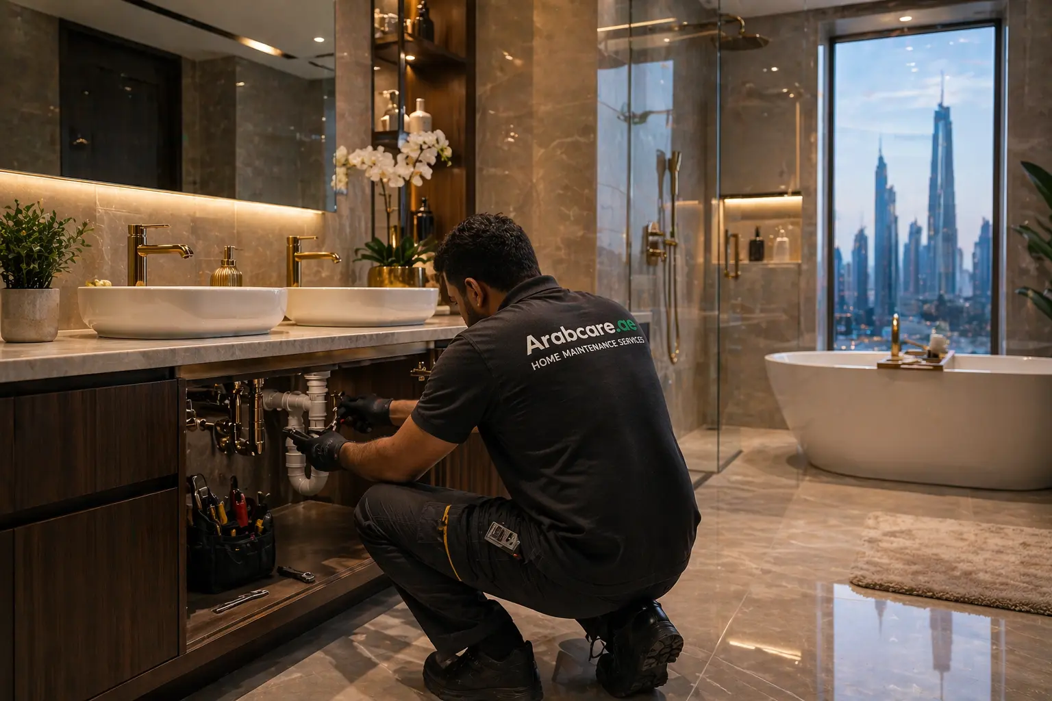 ArabCare plumber repairing sink in Dubai