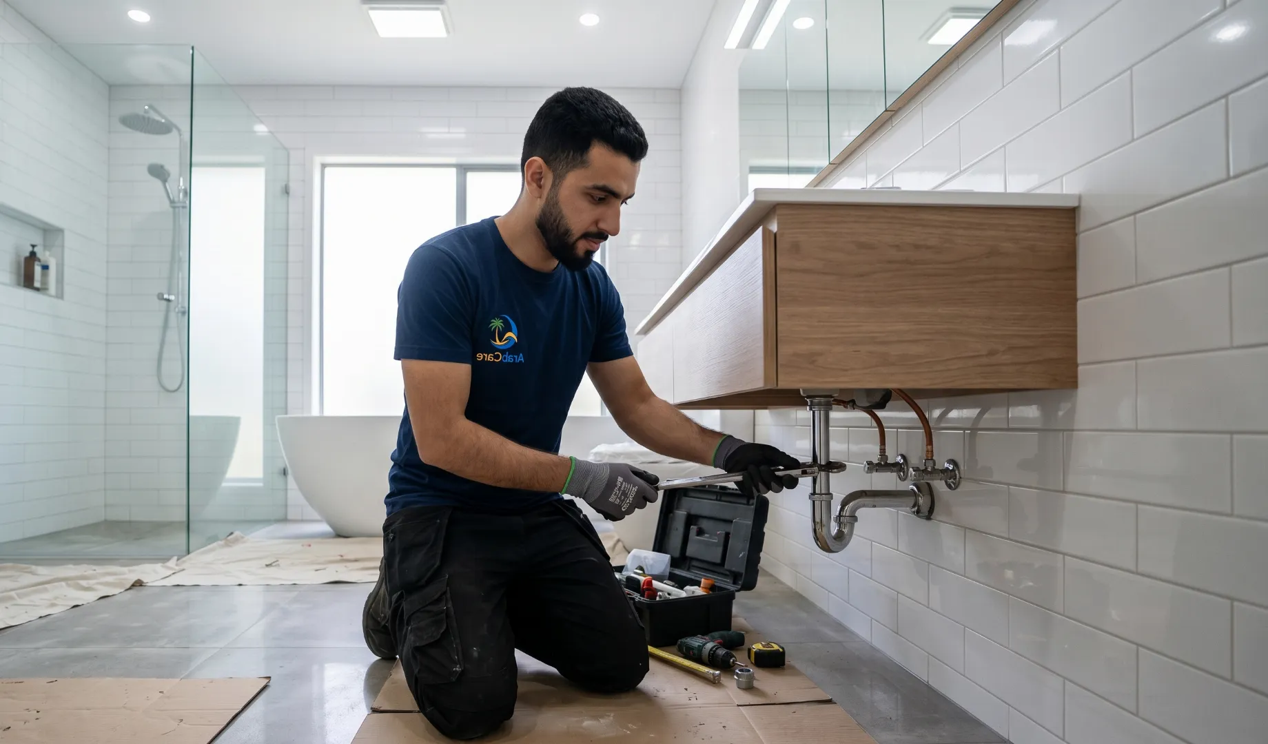 Modern renovated bathroom with walk-in shower and designer tiles in Dubai