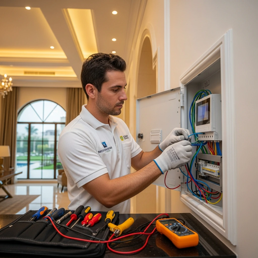Professional electrician performing electrical repair work in Dubai