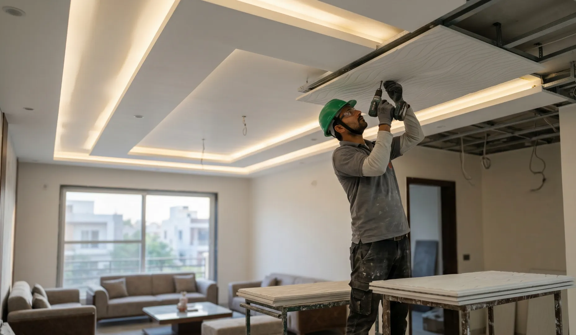 Modern gypsum false ceiling with LED cove lighting in a Dubai apartment