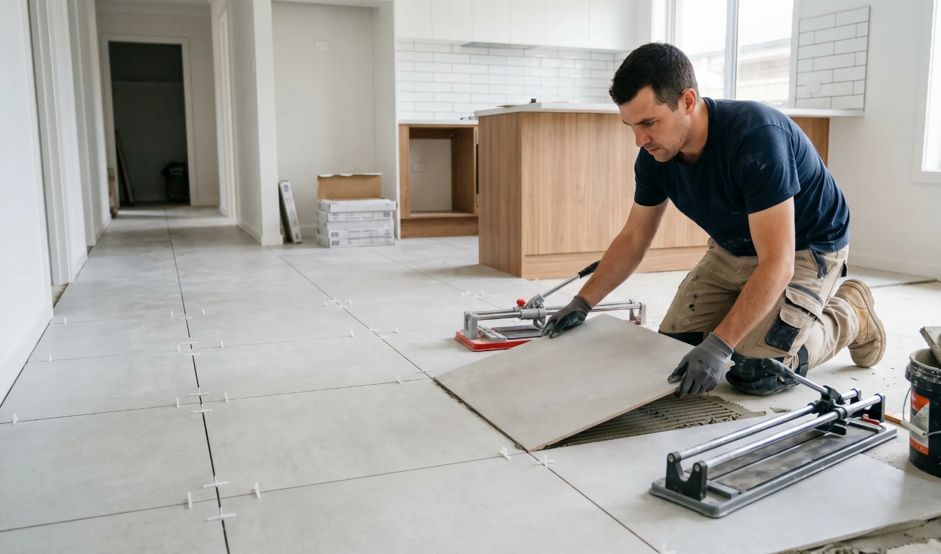 Expert tile installer laying large-format tiles in a Dubai apartment